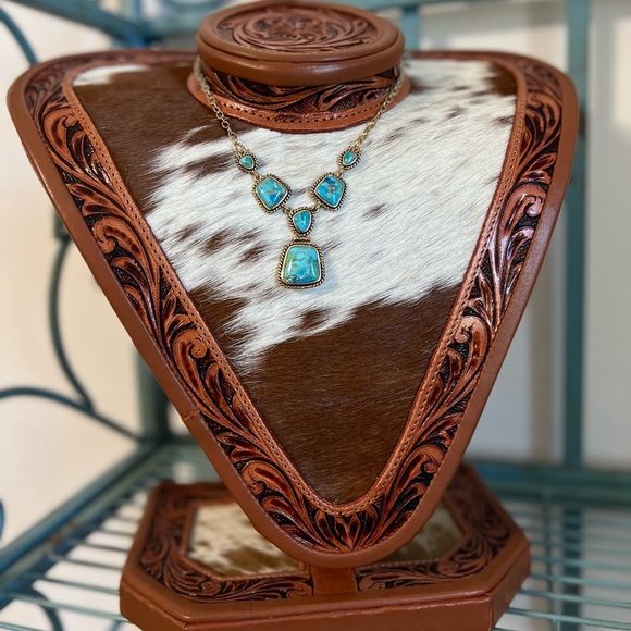 ✨New Genuine Blue Turquoise Stone Pendant Boho Necklace Statement Jewelry Brass - Picture 2 of 13